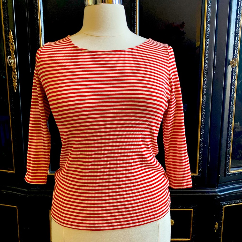 L Pink Martini 3/4 sleeve top candy stripe